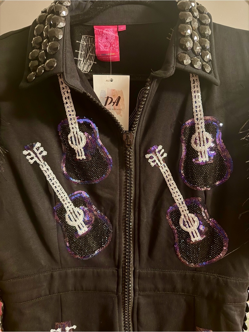 BNWT Queen of Sparkles x Denash Apparel Black Sequin Guitar Mini Dress - Picture 3 of 3